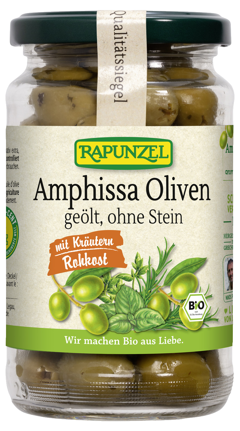 Oliven Amphissa mit Kräutern, ohne Stein geölt