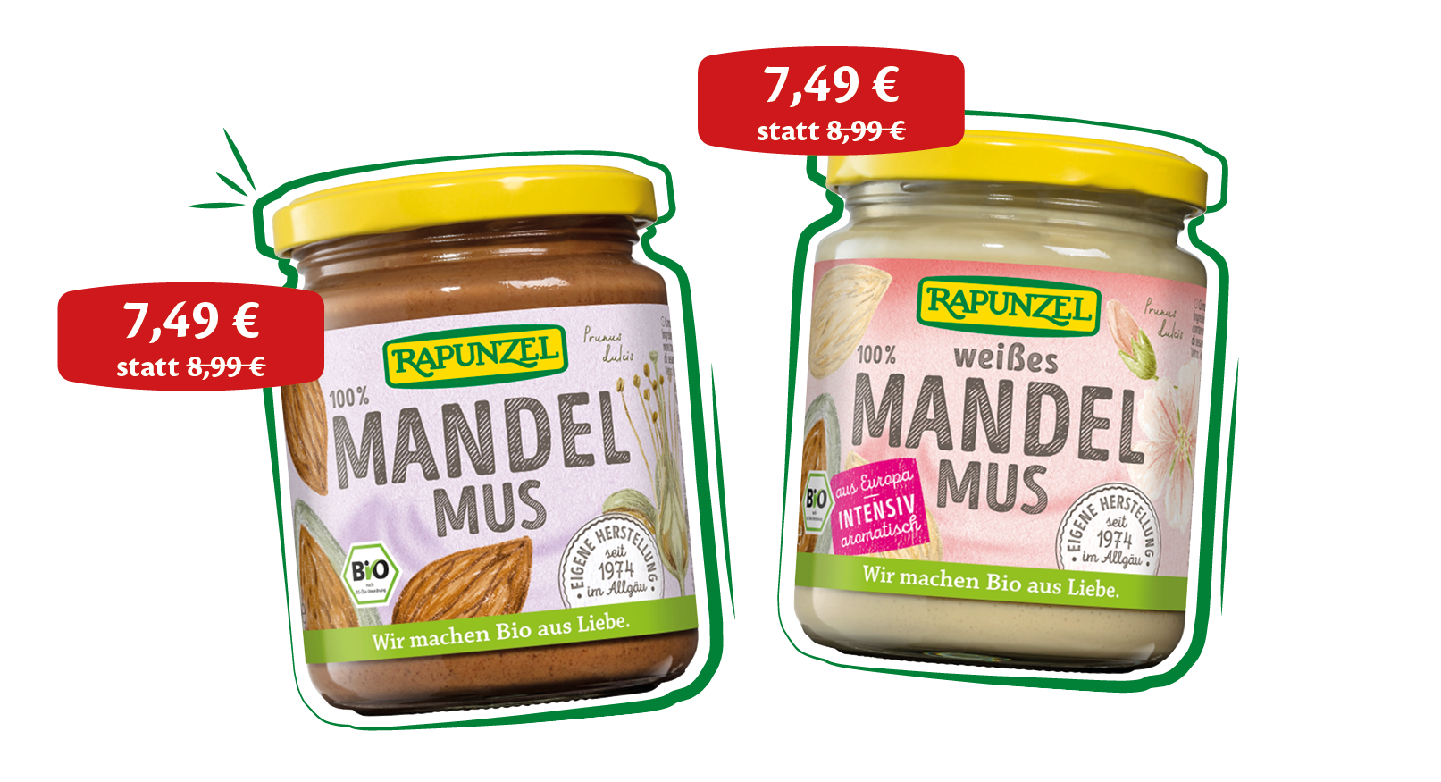 Zwei Gläser Rapunzel Mandelmus, braun und weiß, nebeneinander, versehen mit Aktionspreis