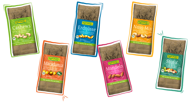 Sechs köstliche Rapunzel Nuss-Sorten in Bio-Qualität – Mandeln, Erdnüsse, Cashewkerne, Macadamia, Mandeln, Nuss-Mix und klassisches Studentenfutter in einer ästhetisch-bunten Verpackungen nebeneinander arrangiert