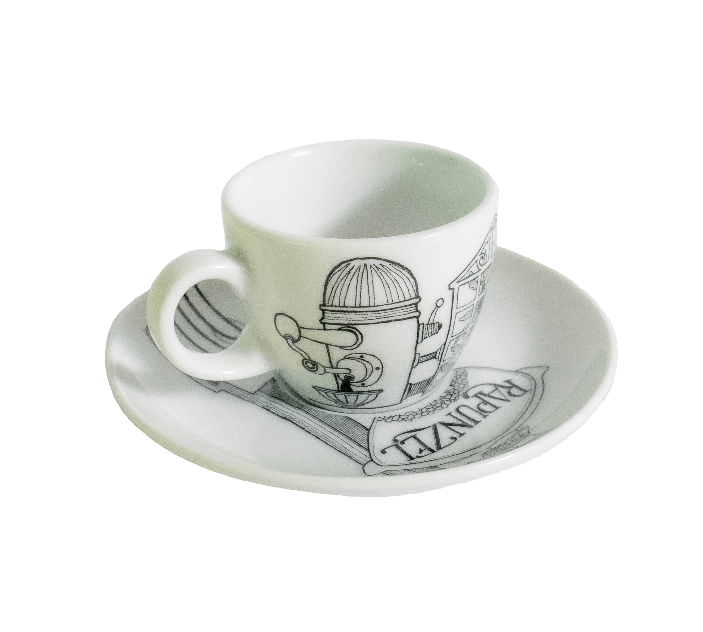 Espresso Tasse weiß mit schwarz/grauer Linienzeichnung eines Rösters und Rapunzel-Schriftzug