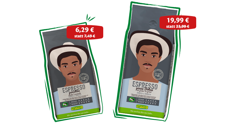 Rapunzel Espresso in Bio-Qualität – ganze Bohnen und gemahlener Kaffee, aromatisch geröstet im Allgäu, jetzt mit 15 Prozent Aktionsrabatt im Rapunzel Webshop – gilt vom 16.09. – 30.09.2025