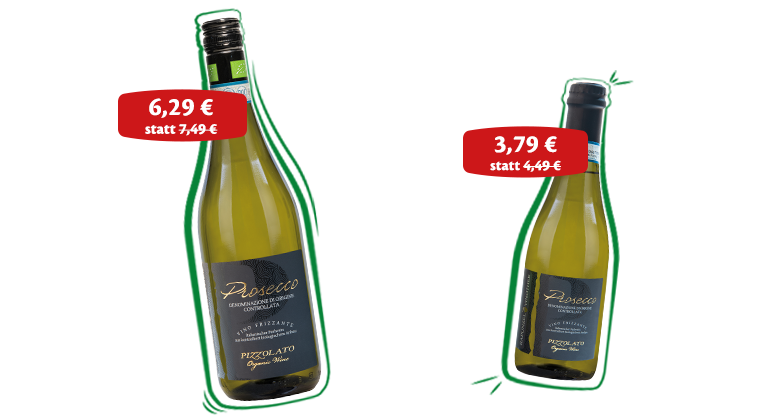 Prickelnder Bio-Prosecco von Rapunzel in zwei Flaschengrößen – 0,75 l und 0,37 l – elegant etikettiert und nebeneinander aufgestellt