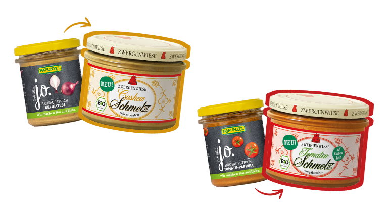 Online-Banner mit zwei Brotaufstrichen von Zwergenwiese: Cashew Schmelz (ersetzt Rapunzel jo. Delikatess) und Tomaten Schmelz (ersetzt jo. Tomate-Paprika)