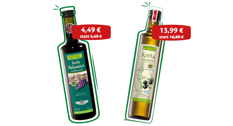 Rapunzel Balsamico-Essig und nativen Olivenöl extra aus Kreta – stilvoll nebeneinander platziert, aktuell im Sonderangebot