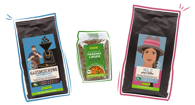 Verpackungen von Rapunzel Bio Kaffee koffeiniert, Kaffee mild ganze Bohne und Padina-Linsen als Produktneuheiten