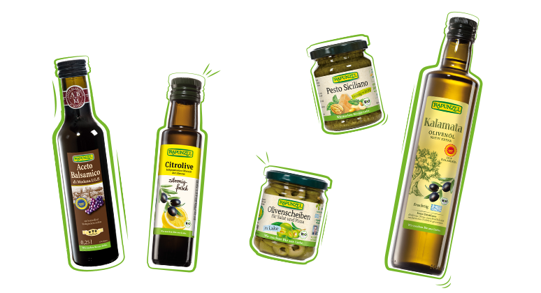Mediterranes Banner mit Citrolive Olivenöl Kalamata DOP nativ extra, Aceto Balsamico di Modena I.G.P. Speciale, Olivenscheiben für Salat und Pizza sowie Pesto Siciliano