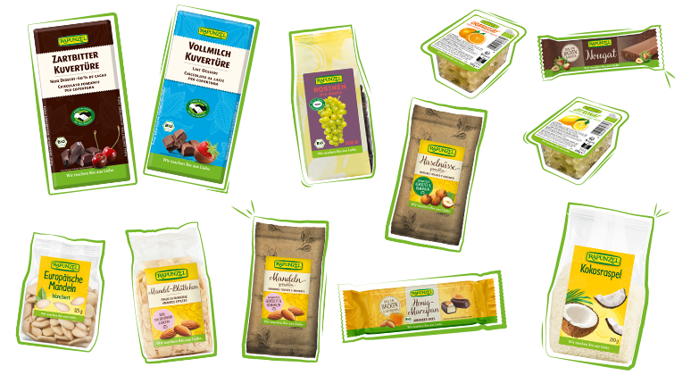 Rapunzel Backzauber-Produkte wie: Zitronat, Mandeln, Haselnüsse, Kuvertüre und Marzipan – hochwertige Zutaten für kreatives Backen auf einem Online-Banner
