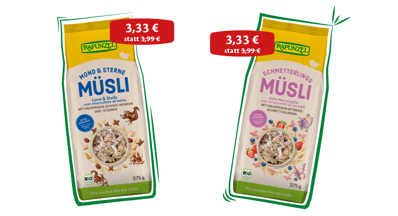 Zwei Packungen Müsli von Rapunzel nebeneinander