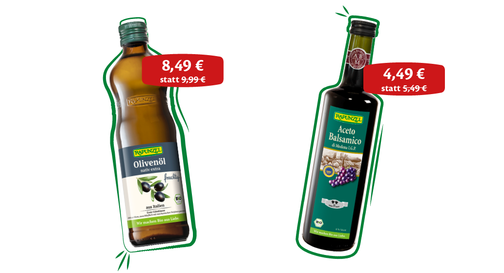 Fruchtiges Bio-Olivenöl und Aceto Balsamico als mediterranes Duo für Salate, Gemüse und kreative Küche.