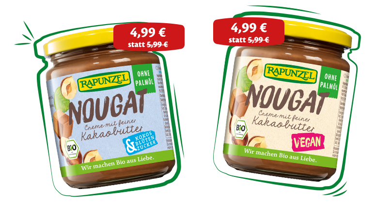 Rapunzel Nougat-Creme vegan mit Etikett in Beige und Nougat-Creme mit Kokosblütenzucker im Glas mit Etikett in blau – cremiger Aufstrich, palmölfrei mit edler Kakaobutter