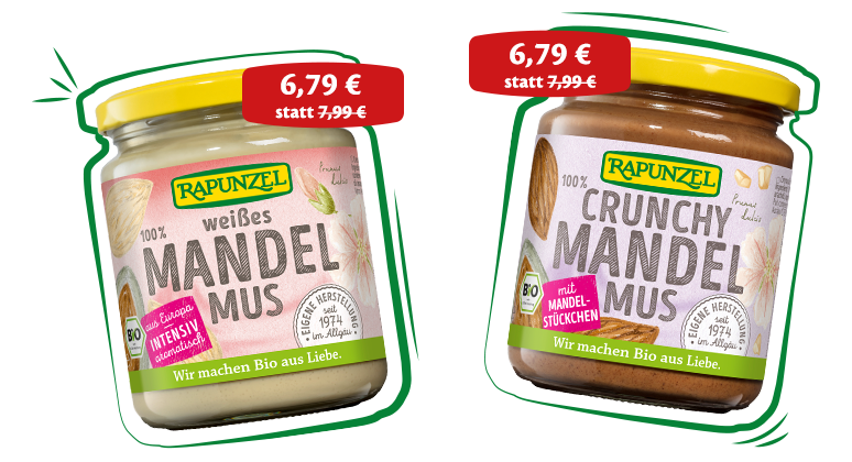 Rapunzel Mandelmus braun und weiß im Glas – cremiger Bio-Nussgenuss aus 100 % Mandeln, jetzt mit 15 Prozent Aktionsrabatt im Rapunzel Webshop – gilt vom 01.09. – 15.09.2025