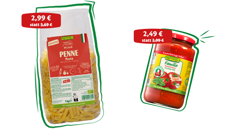 Rapunzel Penne Pasta 1 kg Packung für 2,99 Euro statt 3,69 Euro und Rapunzel Familia Tomatensoße im 500 ml Glas für 2,49 Euro statt 2,99 Euro
