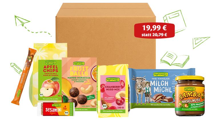 Banner mit einem liebevoll zusammengestellten Schultütenpaket – gefüllt mit leckeren Bio-Snacks, bunten Überraschungen und stärkenden Produkten für einen gelungenen Start in Schule, Studium oder Ausbildung