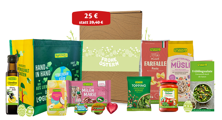 Bunte Auswahl in der Rapunzel Osterbox: süße Leckereien, herzhafte Produkte und Bio-Qualität für fröhliche