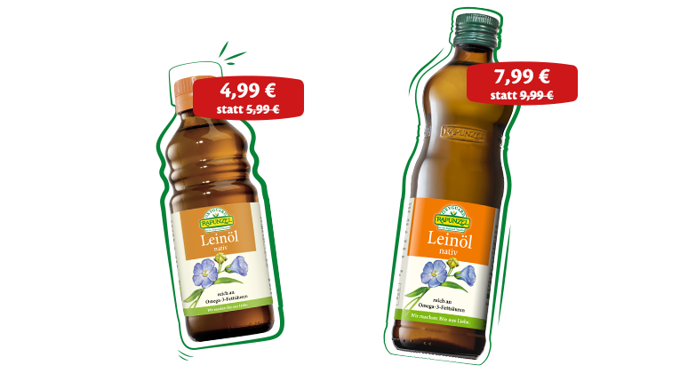 Rapunzel OXYGUARD® Leinöl in kleiner und großer Flasche auf Online-Banner
