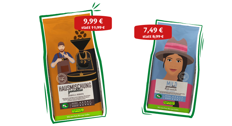 Zwei Packungen Rapunzel Heldenkaffee nebeneinander