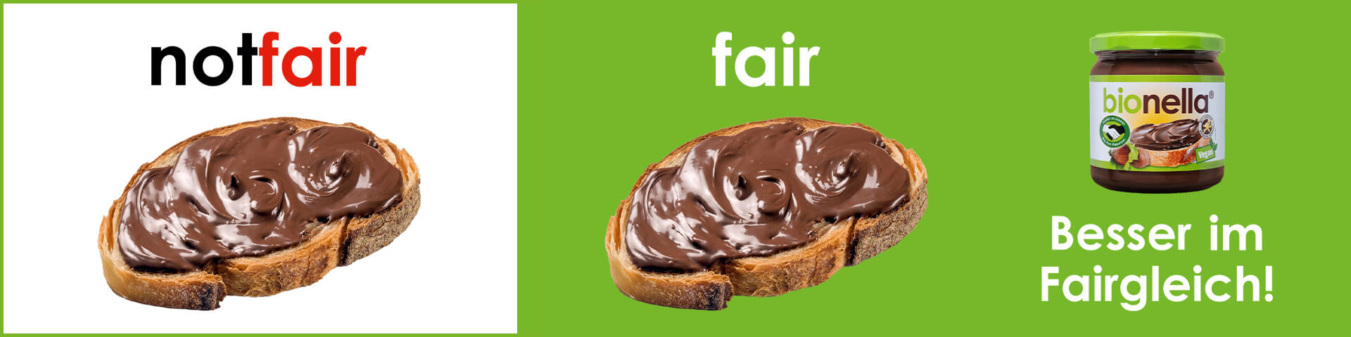 Vergleich von zwei Brotscheiben mit Schokoladenaufstrich, links mit Text 'not fair' und rechts mit Text 'fair', daneben ein Glas Bionella Aufstrich mit dem Text 'Besser im Fairgleich!'