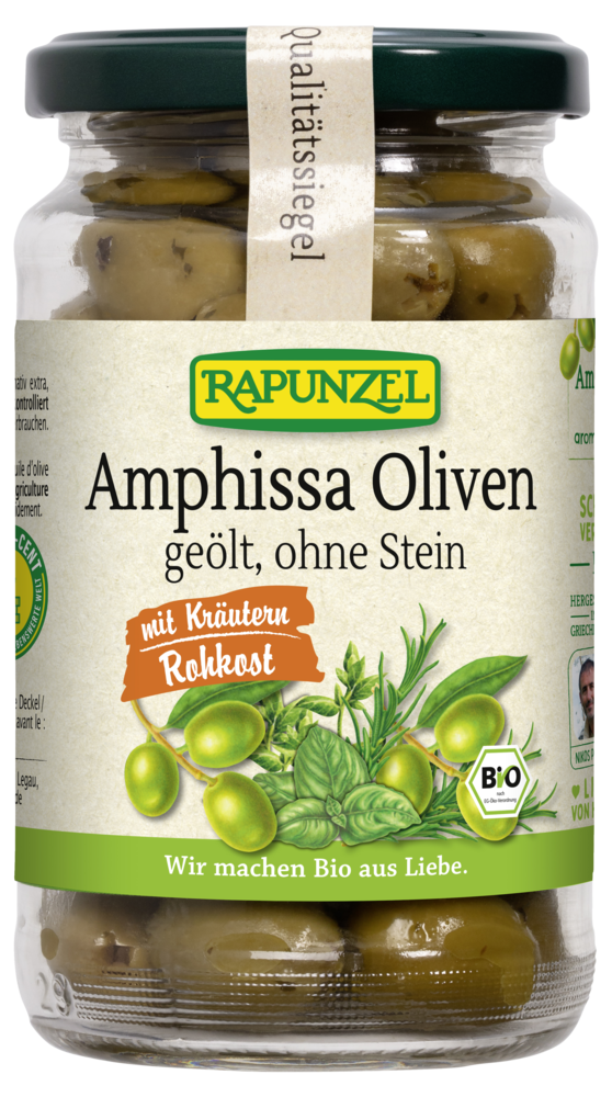 Oliven Amphissa mit Kräutern, ohne Stein geölt
