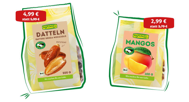 Bio Datteln und getrocknete Mango in fair gehandelter Qualität als natürlicher Snack