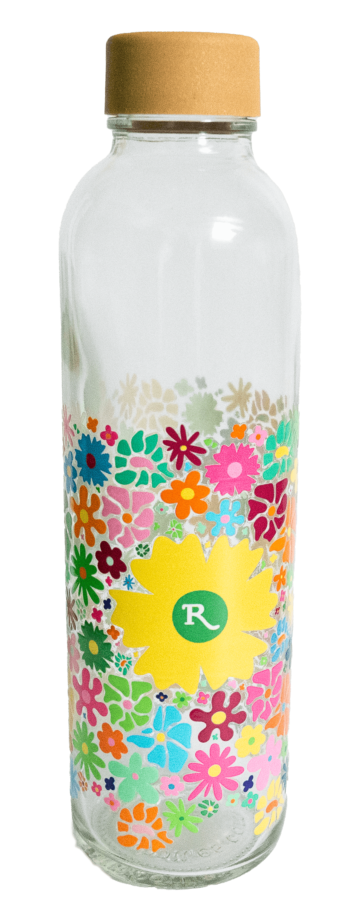 Durchsichtige Glasflasche mit buntem Blumenmuster