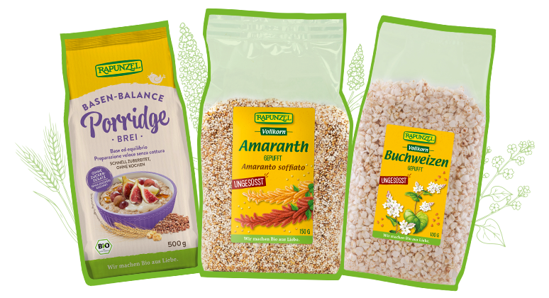 Buchweizen gepufft, Amaranth gepufft und Basen-Balance Porridge in Bio-Qualität für ein basisches Frühstück