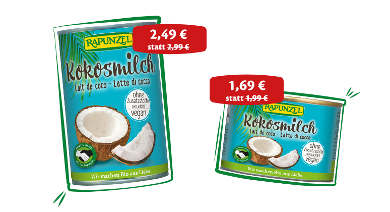 Zwei Dosen Kokosmilch HAND IN HAND in verschiedenen Größen