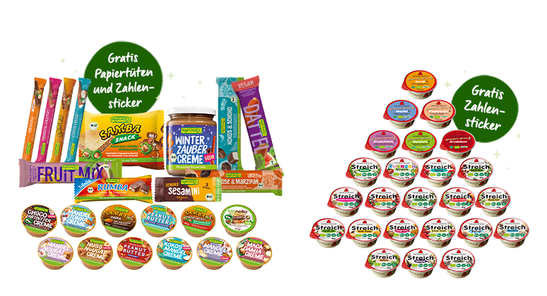 24 Produkte von Rapunzel oder Zwergenwiese mit gratis beiliegenden Tüten und Zahlenstickern für eigenen Adventskalender 