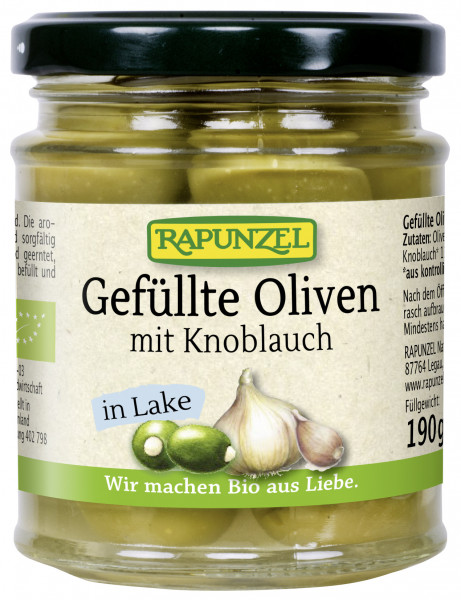 Oliven grün, gefüllt mit Knoblauch in Lake